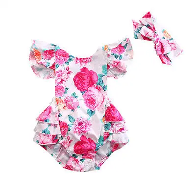 

Cotton Toddler Baby Girls Clothes Tops Floral Jumpsuit Bodysuits Short Sleeve Flower Clothing Baby Girl Sunsuit 0-24M