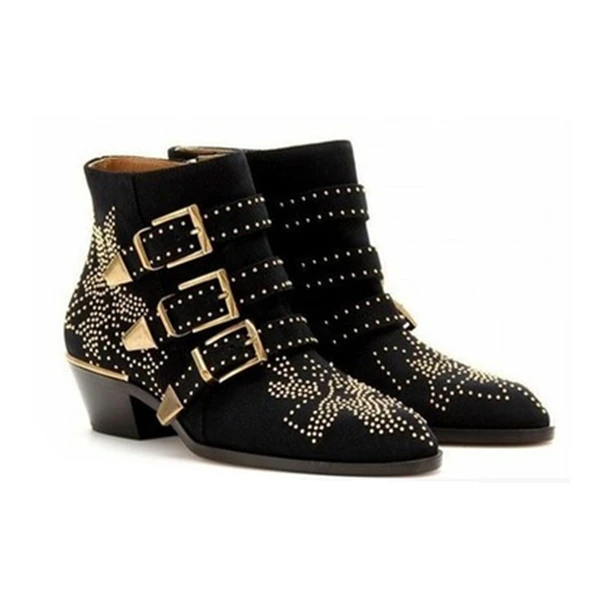 ARQA/крутые женские ботинки из натуральной кожи с пряжкой на ремешке и шипами; байкерские ботинки с острым носком в байкерском стиле; фабрика обуви Чэнду - Цвет: velvet black