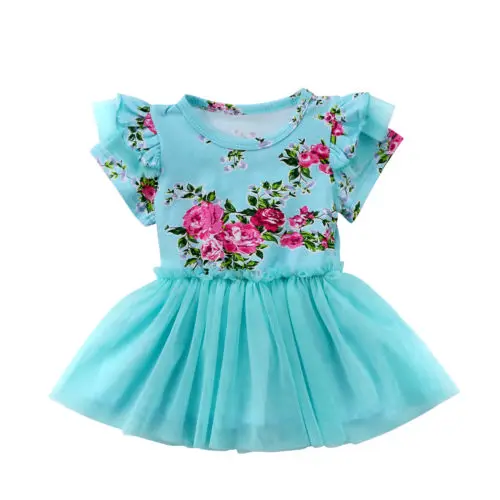 

Newborn Cute Toddler Baby Girl Floral Tutu Tulle Dresses Kids Short Sleeve Blue Flower Party Dresses Ball Gown Dress Outfits