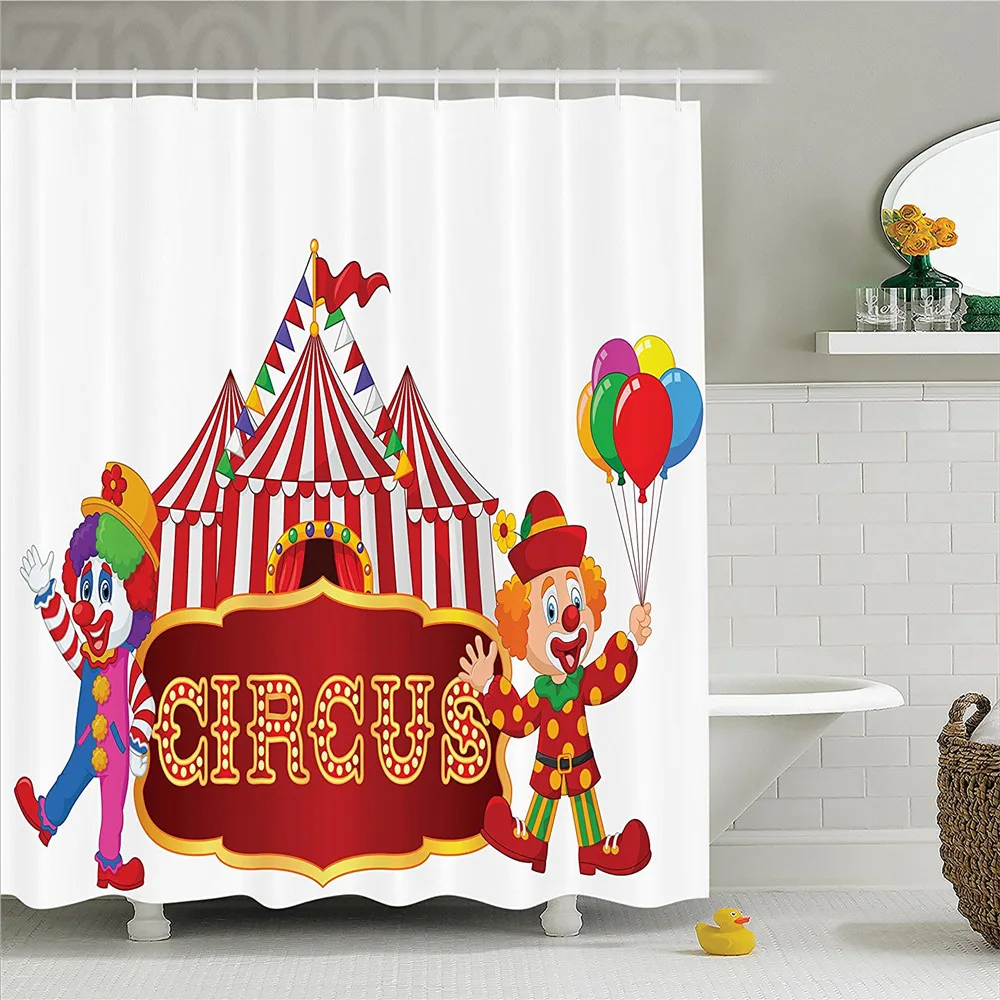 Circus Circus Tent with Clown Advertisement Event Man Billboard Waving Classic Image Polyester Bathroom Shower Curtain Red Green