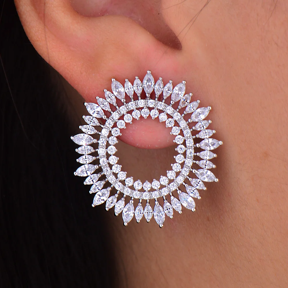 GODKI Мода AAA кубический цирконий Блестящий Элегантный круг оливковый филиал большие серьги гвоздики для женщин серьги-кольца, модные ювелирные украшения