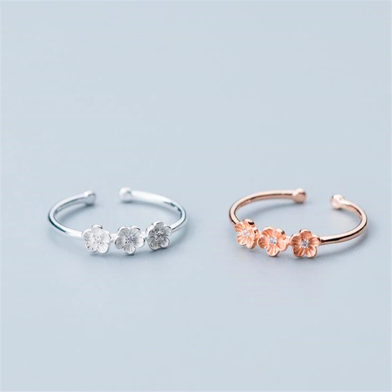 

100% 925 Real Sterling Silver Delicate Flowers CZ Cocktail Opening Ring Size Adjustment Girl Children Party Jewelry J4481