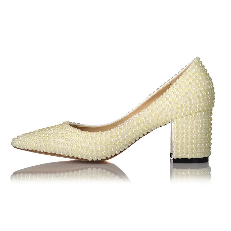 De Drfargo 41 Apricot Élégante Chunky 20170636 Mariage Hauts Talons Pointu Perle Pompes À Bout Femelle Chaussures Mariée Femmes Dame Taille wfFxrqfXB