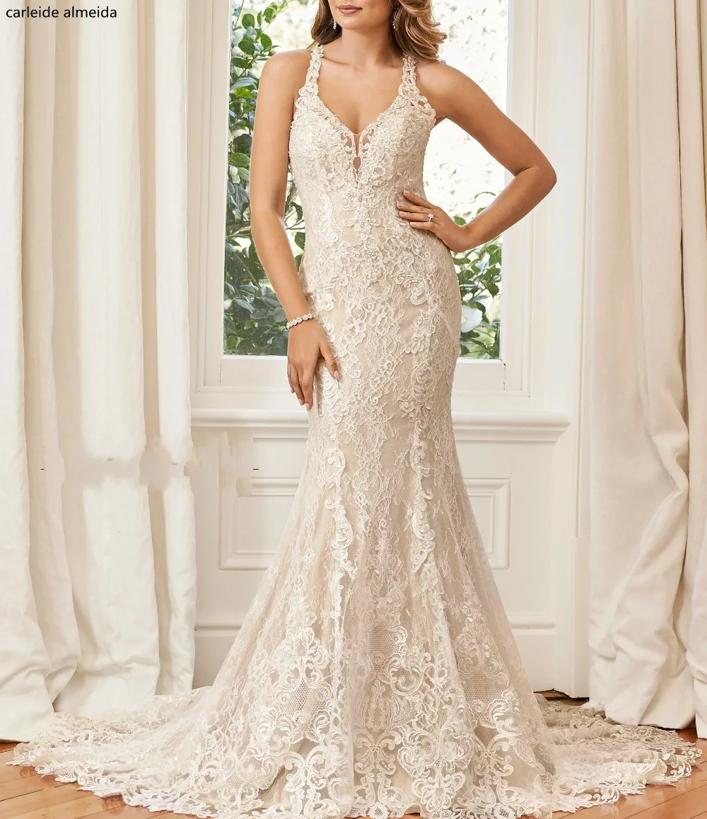 

Robe de mariee Unique Back Lace Mermaid Wedding Dresses Chapel Train Abito da sposa 2018 Bridal Dress Trouwjurk