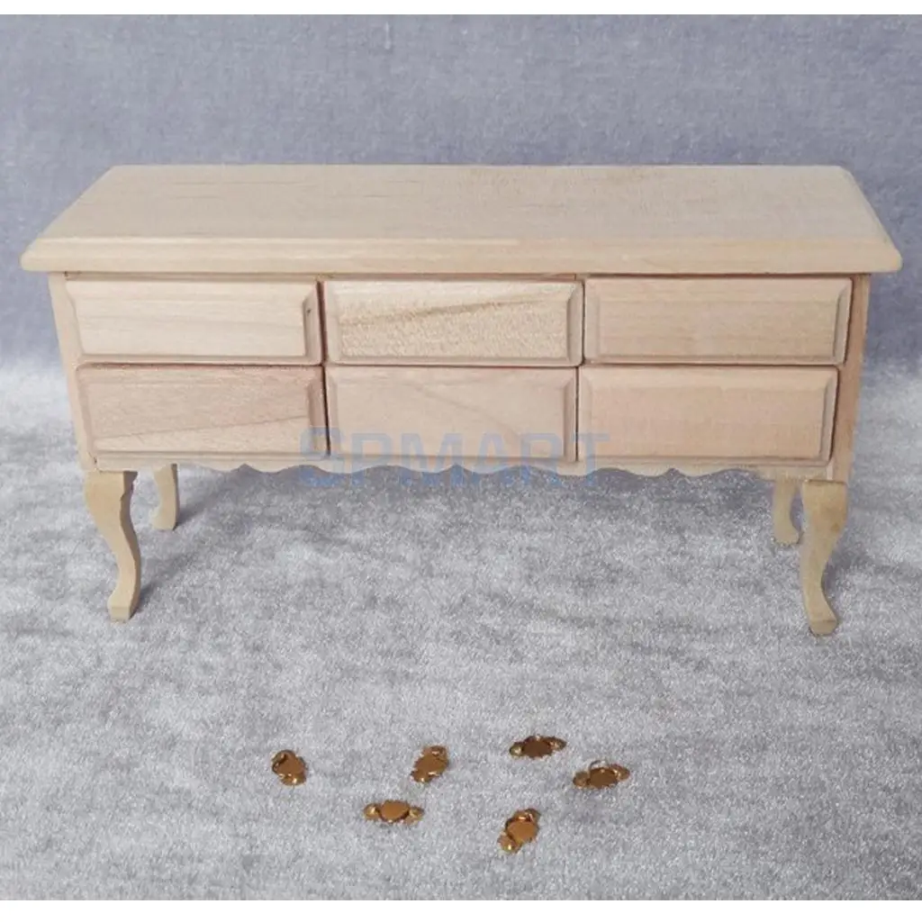 Unpainted 1/12 Dollhouse Miniature Furniture Table Drawers Model and Golden Drawer Pull Room Accessories