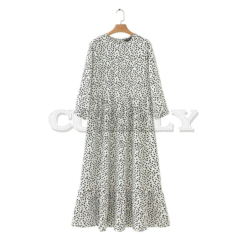 

CUERLY women dots print maxi dress pleated three quarter sleeve female casual straight dresses chic ankle length CUERLY QB260