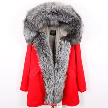 Зимняя куртка Для женщин из натурального меха, пальто Длинная парка из натурального меха енота, меховой капюшон, воротник