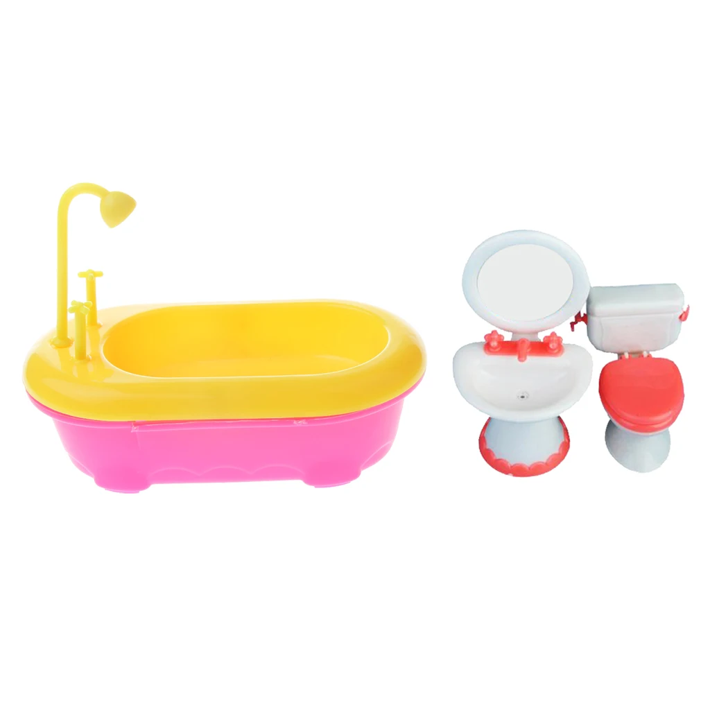 Miniature Bathroom Set Bathtub Toilet Basin for Doll House Accessory