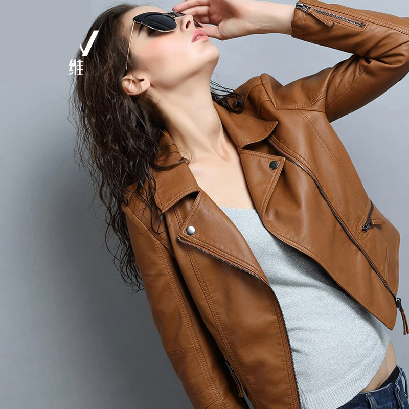 

2018 PU spring and autumn clothing female short coat design slim motorcycle leather clothing sheepskin jacket free shipping