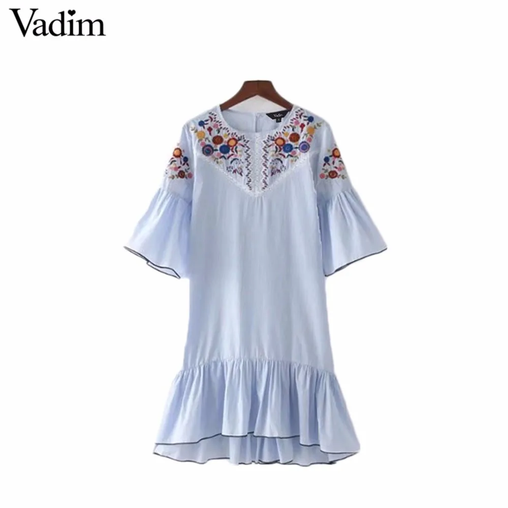 Vadim, милый, женский, с оборками, Цветочная вышивка, платье в полоску, круглый вырез, половина рукава, женские летние повседневные Мини платья, vestidos QZ3016
