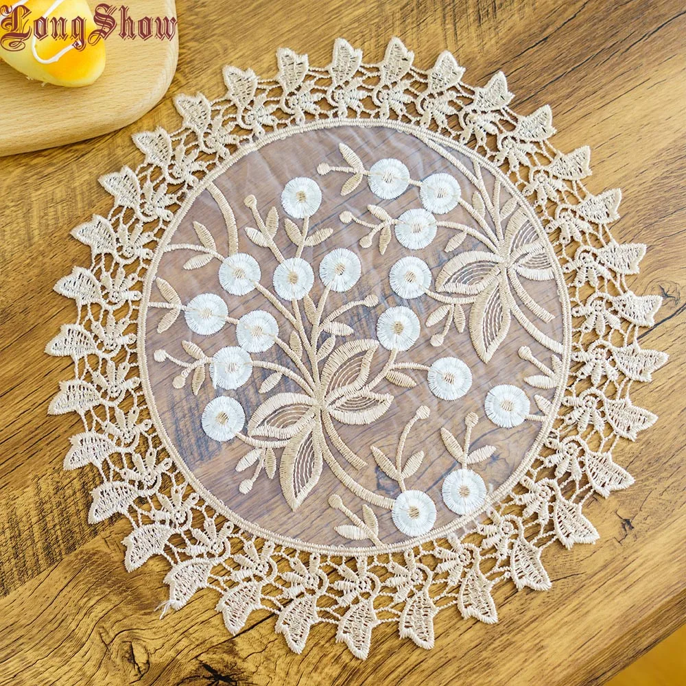 

1 Lot 2pcs 20cm Round Gold Transparent Organza Embroidered Lace Dining Placemats