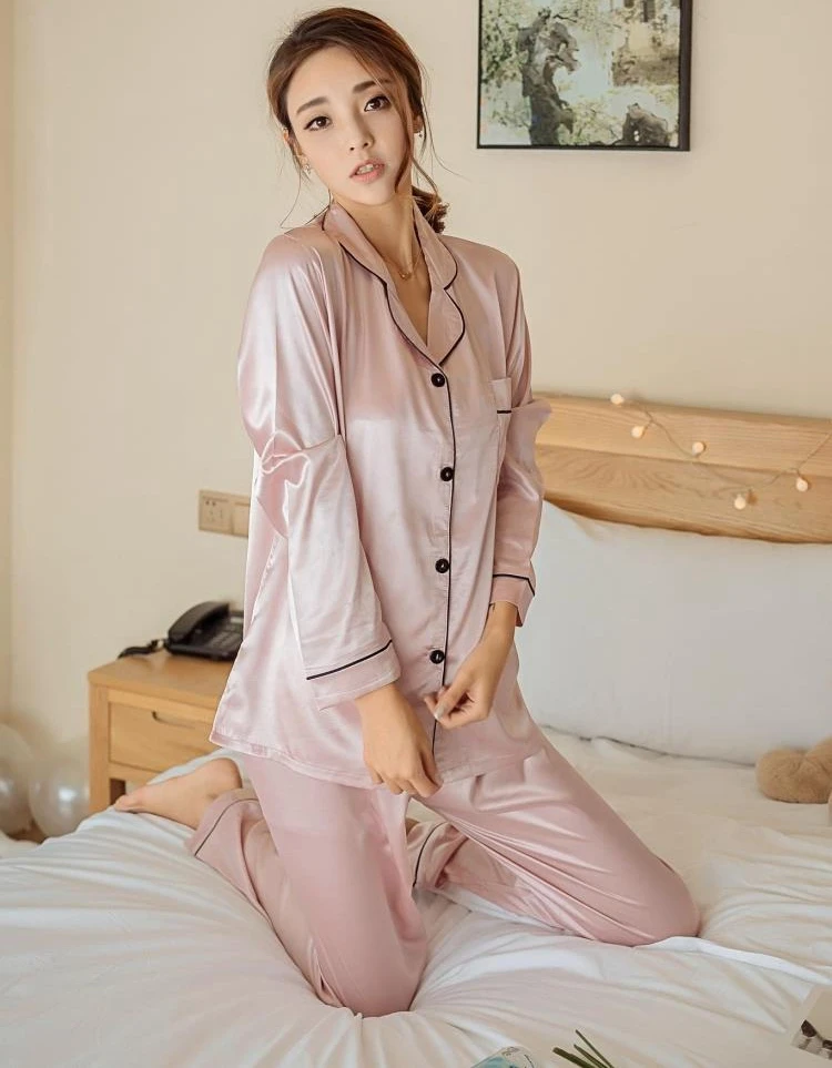 Женские шелковые пижамы, пижамный комплект с длинными рукавами, пижама, Пижамный костюм, комплект из двух предметов для сна, одежда для