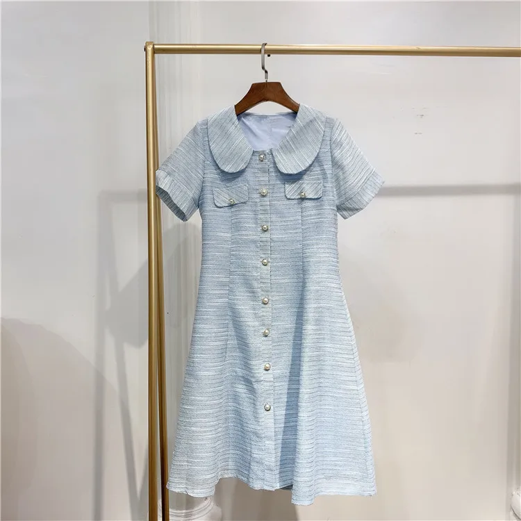 

Chic women's sweet peter pan collar dress 2019 spring summer elegant tweed dress A365