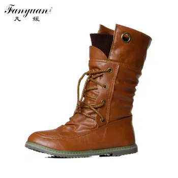 

Fanyuan 2018 New Arrival Women Mid-calf Boots Lace up Motorcycle Fashion Spring womens Mid calf boots Big size 34-43