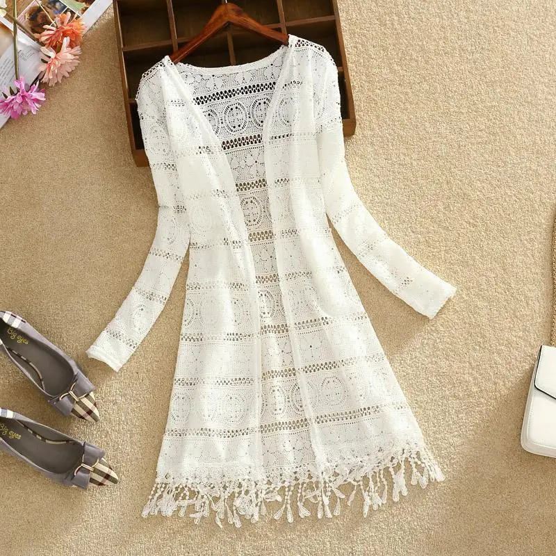 Ideal Women Slim Thin Lace Jakcet Chaqueta Mujer New 2019 Summer Long Sleeve Hollowing Tassels Medium Lon