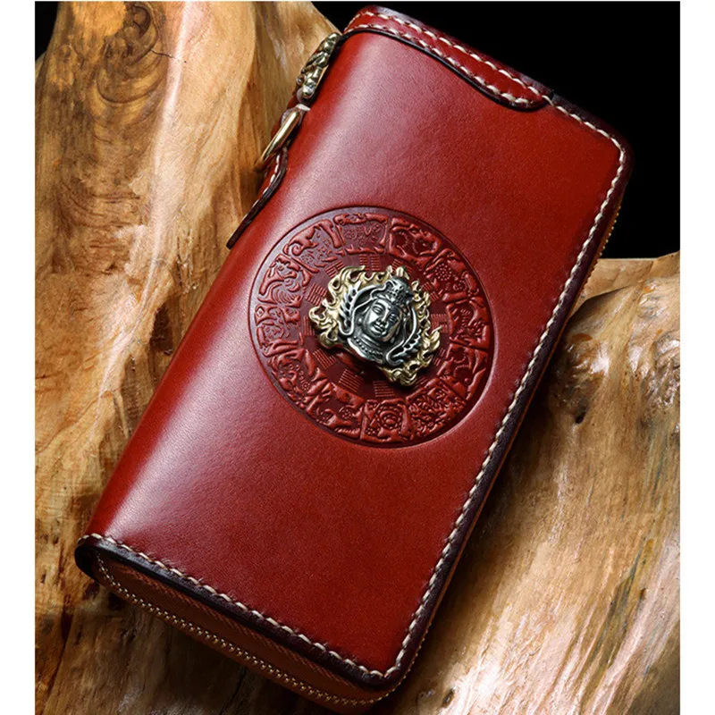 

Slight Defect Cheap Not refundable Buddha Head Wallets Women Men Long Clutch Vegetable Tanned Leather Wallet Card Holder
