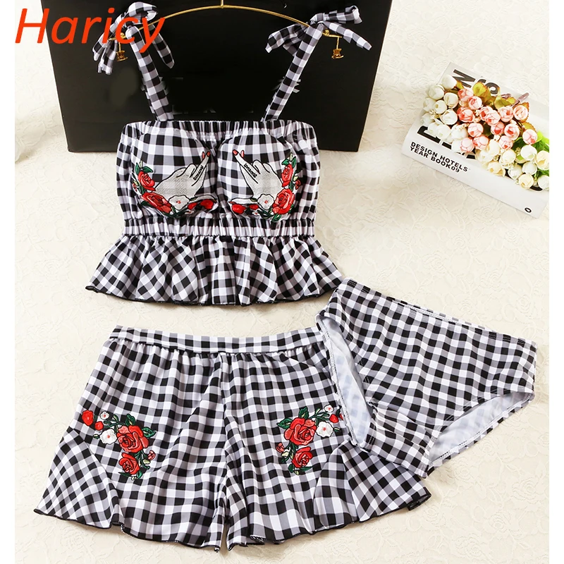 

2018 New Sweet Black White Plaid Bikini Set Women Dress Swimwear Swimsuit Sexy Push Up Bathing Suit Brazilian Beachwear Biquini