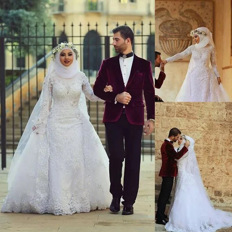 Белый Высокая шея Полный рукава мусульманин торжественные платья 2017 длина до пола линии мусульманской свадебные вечерние мусульманское
