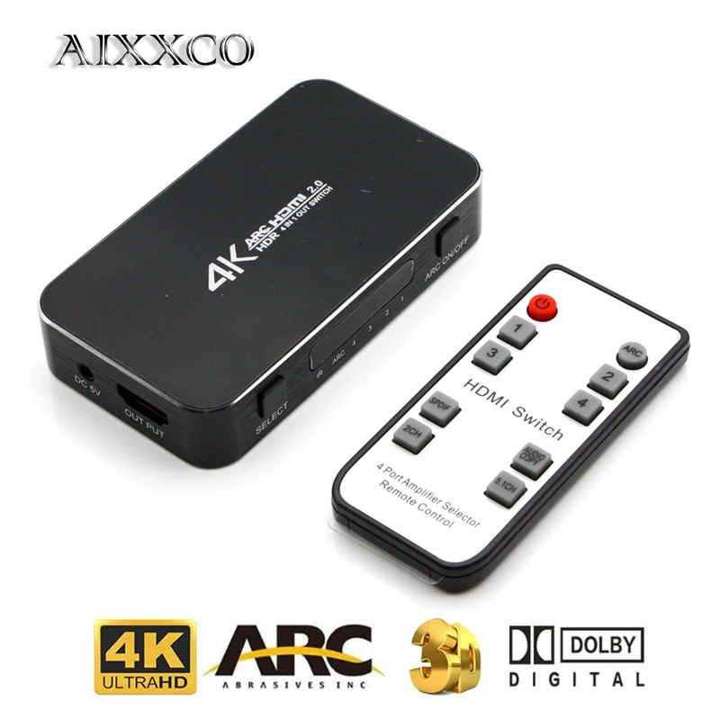  AIXXCO UHD HDMI Switch 2.0 4K HDR 4x1 Adapter Switcher with Audio Extractor 3.5 jack optical fiber 