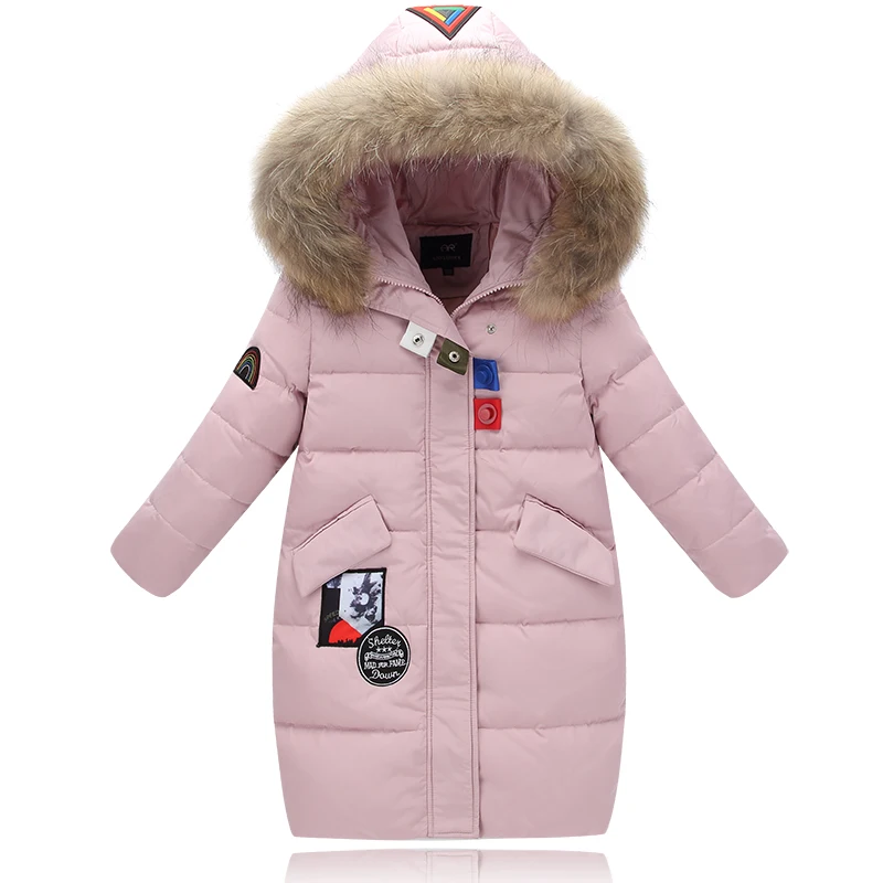 

XYF8832 Boys Girls Winter Down Jackets Kids Big Fur Collar Pink Winter Jacket Coat Warm Outerwear Long Coat 85% White Duck Down
