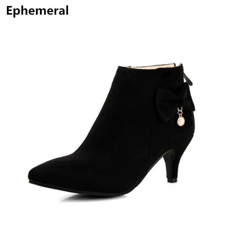

Ladies Flock Boots Back Zippers Thin Heels Shoes with Bow Crystal Add Plush For Winter Botas Pointed Toe Stilettos Mujer Size 12