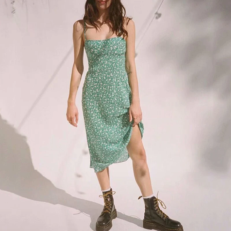 

2019 summer Women Fit And Flare Floral cherry Print DressRuffled Slit Boho Long Dress Female Beach Summer Dresses vestidos