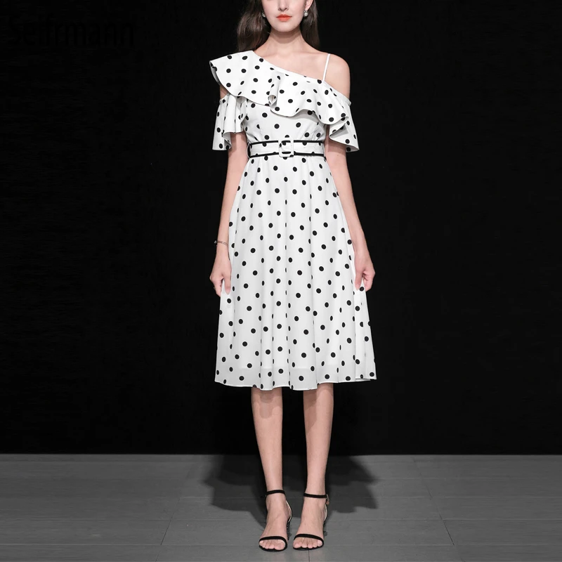 

Seifrmann New Spring Summer Women Dress Runway Fashion Designer Gorgeous Ruffles Dot Printed Elegant Slim Off shoulder Dresses