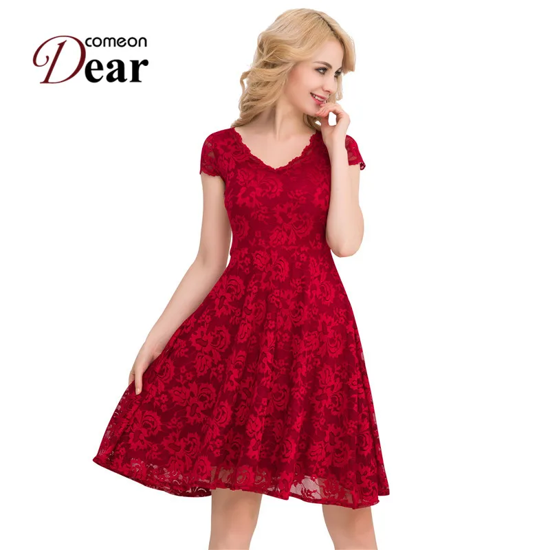 Buy Cheap VB1048 Fashion Women's Summer Dress 2017 Dark Red And Blue Cute Lace Dress Plus Size V-neck Short Sleeve Sexy Vintage Dress