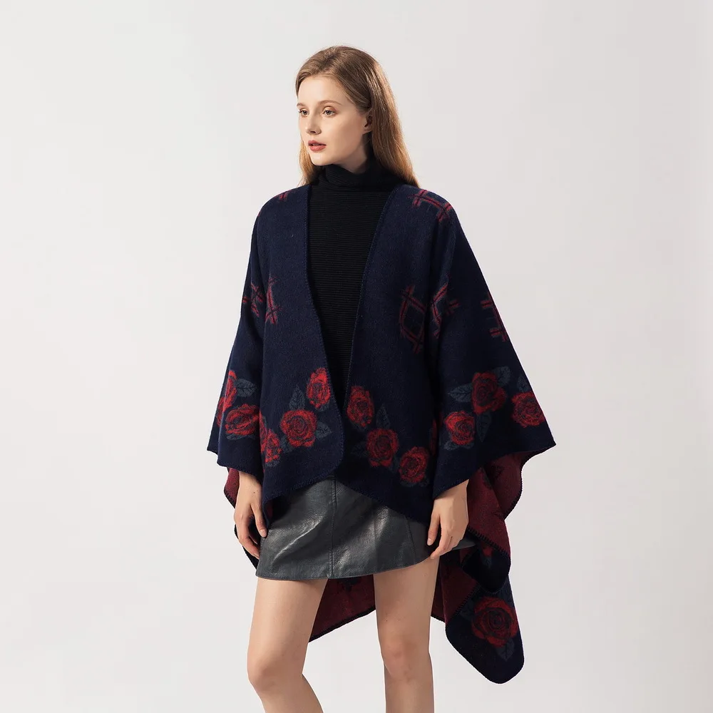 Осень-зима 2019, 10 стилей, пончо, женский длинный теплый кардиган, новая мода, Дамское толстое пальто с цветочным узором