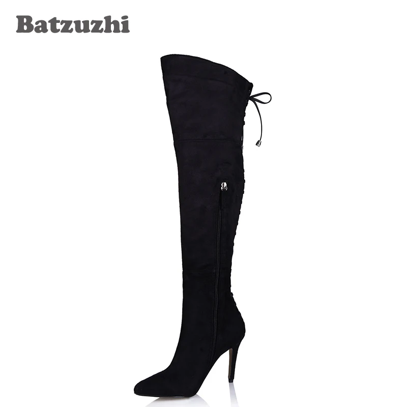 black suede high heel knee high boots