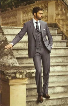 

New Dark Gray Groom Tuxedos 2015 Office Suit Fit Slim Formal Party Evening Groomsman/Men Suits (Jacket+Pants+vest+tie)