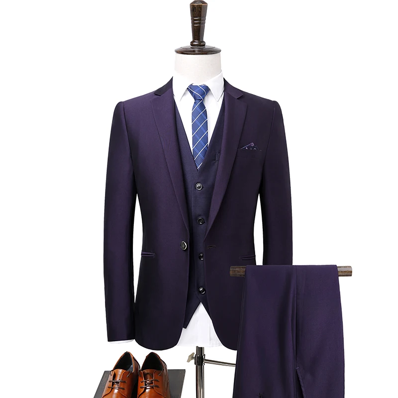 Топ, 2019 новый мужской деловой костюм обтягивающие классические чисто мужской платье костюмы Фиолетовый блейзеры комплект из 3