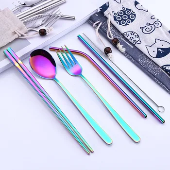

7PCS Stainless Steel Tableware Straws Fork Spoon Chopsticks Set With Cloth Bag Kitchen Gadgets Colorful Dinnerware Set 35