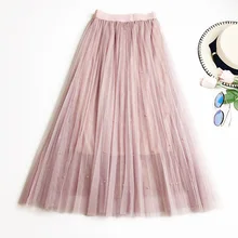 Весеннее Новое поступление элегантная Тюлевая юбка винтажная длинная юбка для женщин корейский стиль жемчужный бисер плиссированная юбка