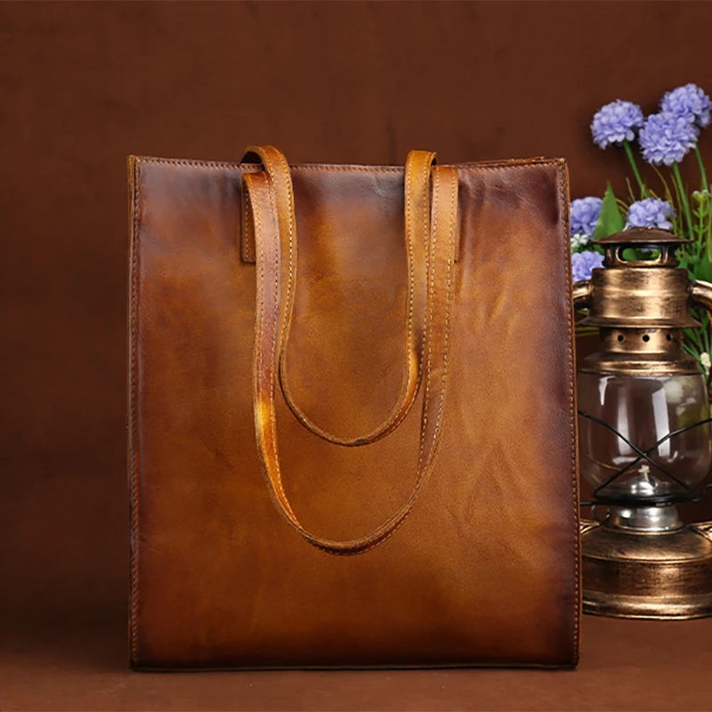 

Real Cowhide Women Top Handle Bag Shopping Handbag Vintage High Quality Tote Genuine Leather Ladies Shoulder Messenger Bags