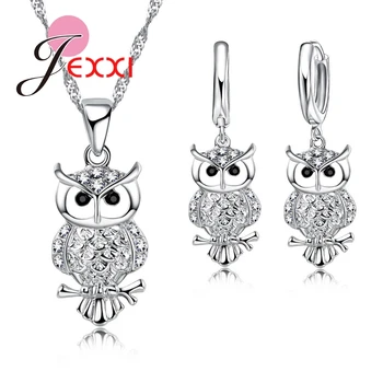 

Animal Owl 925 Sterling Silver Bridal Jewelry Set CZ Crystal Necklace Pendant Earrings Statement Sets For Women Girl Gift