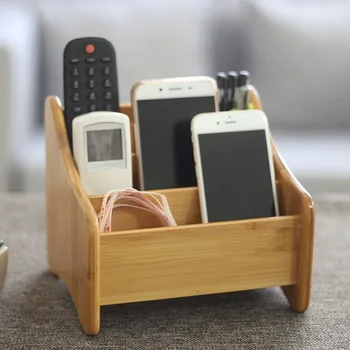 

Bamboo Remote Control Storage Box Three Grids Multi-Function Desk Remote Control Holder Cosmetic Organizer Rack for Home Office