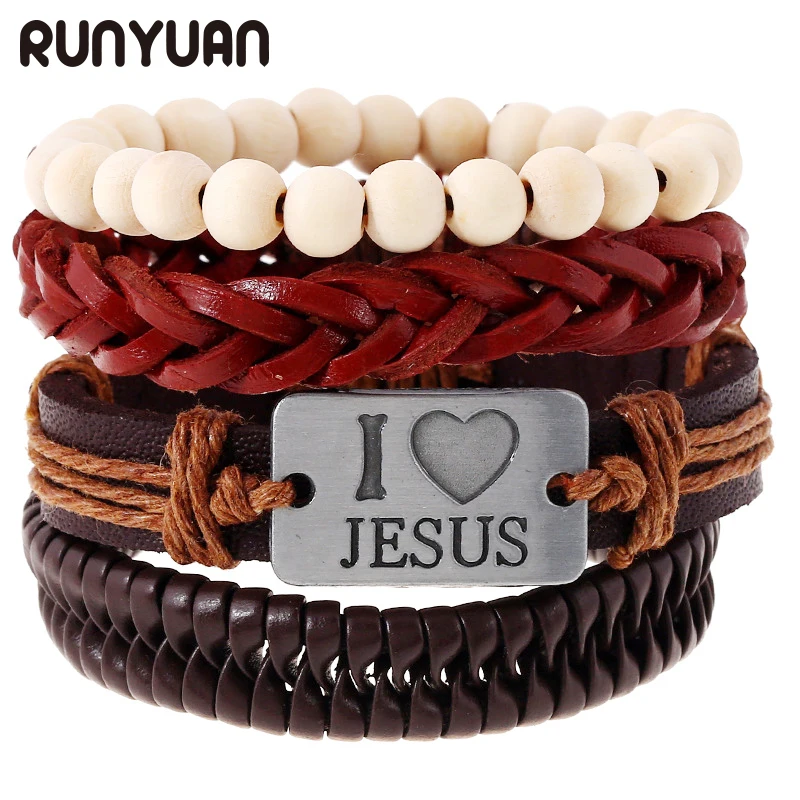 RUNYUAN I Love JESUS Bracelets Leather Alloy ID Beads Multilayer