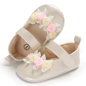 

Newborn Baby Simple Small Fresh Flower Baby Girl Toddler Princess PU Shoes Champagne White First Walker New