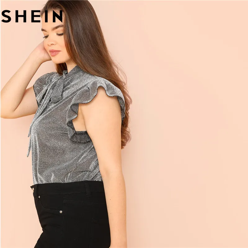  SHEIN Grey Ruffle Trim Tie Neck Plus Size Women Thin Blouses Summer Polyester Sleeveless Elegant Of