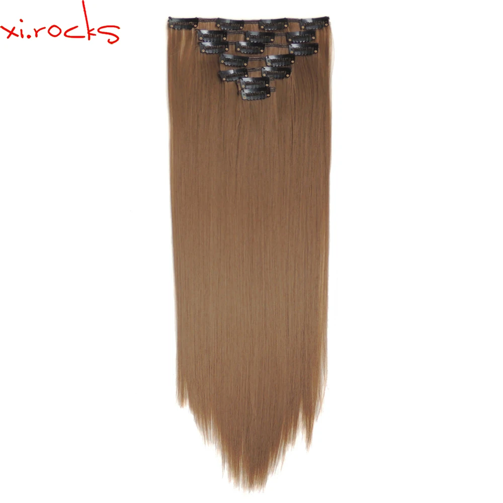 

2set 7pcs/set Xi.rocks Synthetic Clip in Hair Extensions 55cm Straight Hairpiece Clips on the Hair Extension 130g Khaki 6A
