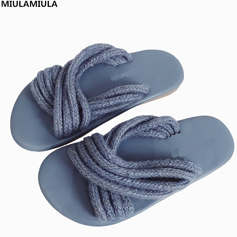 

MIULAMIULA Brand Designer 2019 Summer Fashion Narrow Band Cross Hemp Tie Woman Flat Slides Slip On Loafers Mules Flip Flops35-40