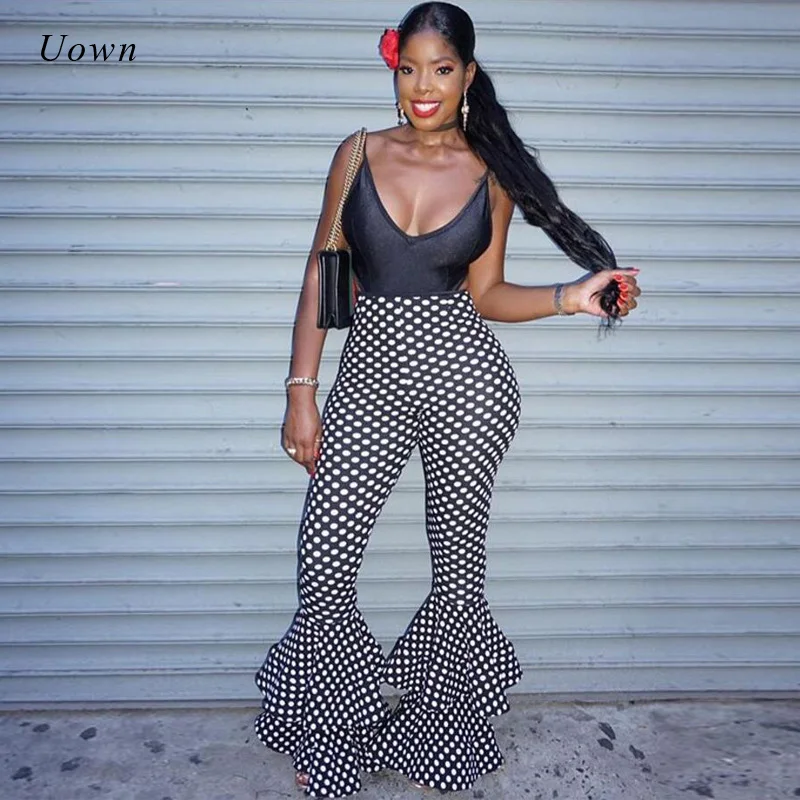

Polka Dot High Waist Flare Pants Women 2018 Black Skinny Trousers Fashion Casual Elastic Bell Bottom Ruffle Pants pantalon femme