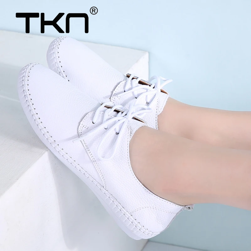 TKN/; осенние женские Белые балетки на плоской подошве; лоферы из натуральной кожи; повседневная обувь на плоской подошве; женские лоферы на шнуровке; B16