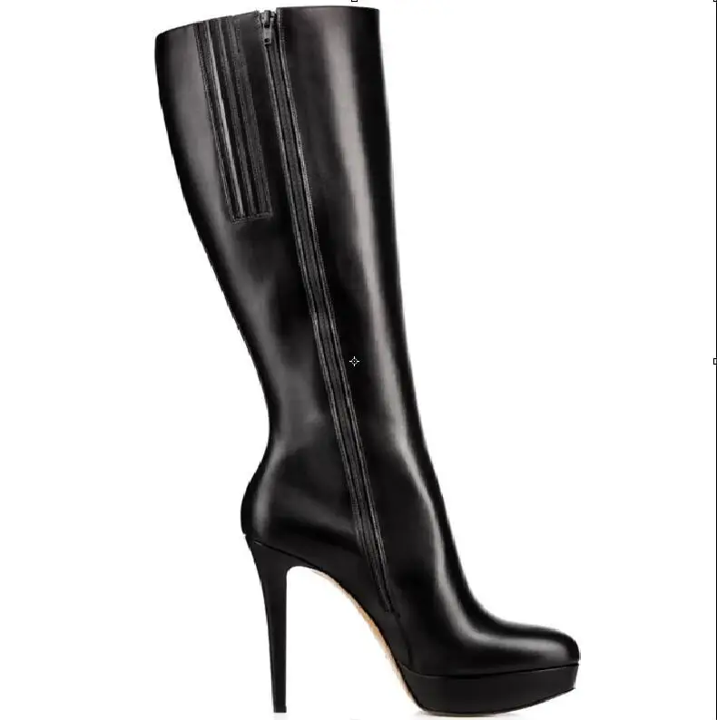

Hot sexy Fashion Black PU Knee-High Shoes Pointed Toe Square Heel Women's Shoes Zip Big Size Europe Size 46 Women's Boots