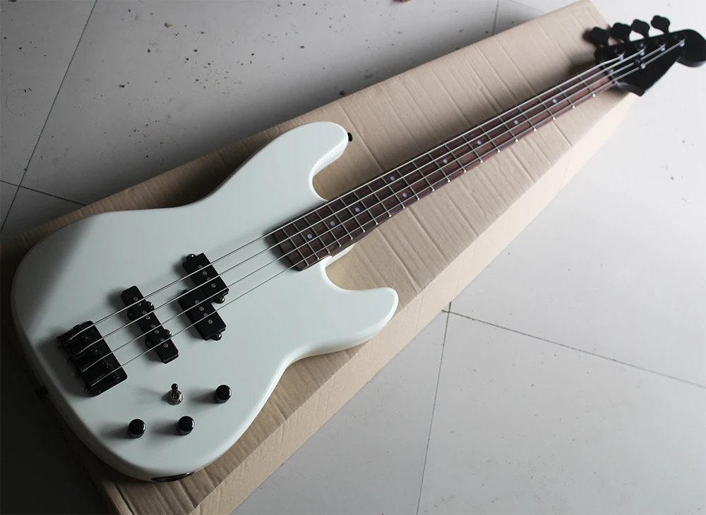 

4 Strings White Electric Bass Guitar with 3 Pickups,Black Neck,Rosewood Fretboard,Black Hardwares,offering customized services