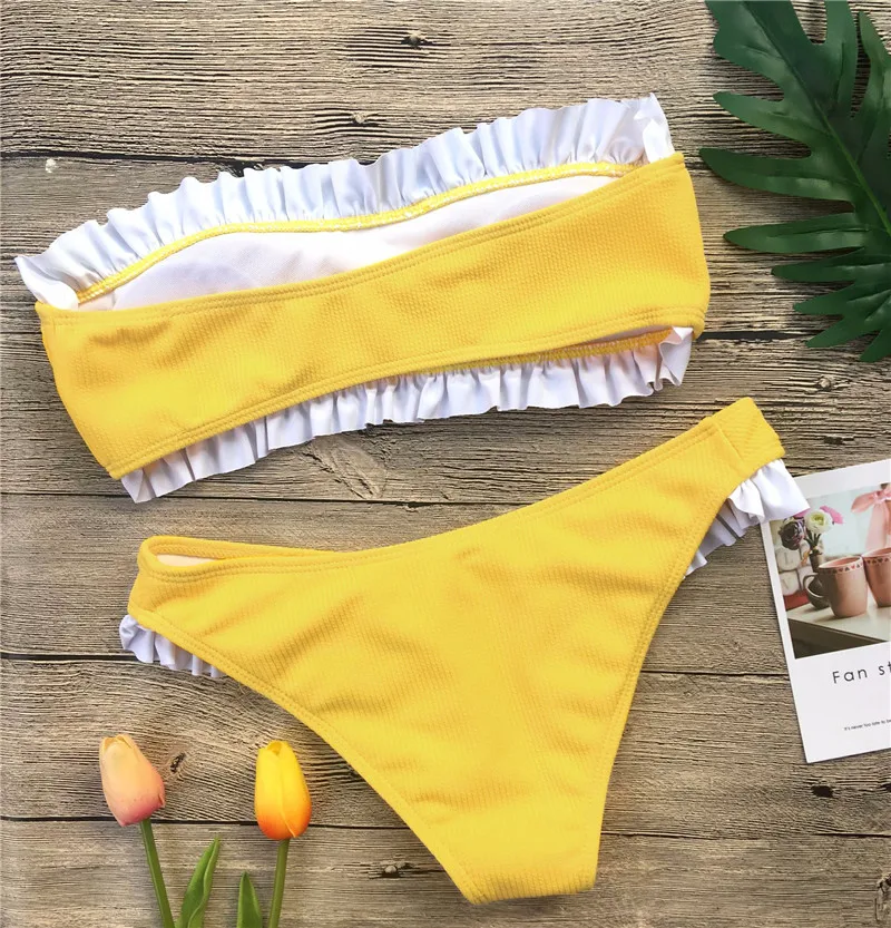 New Women Bikini Ruffled Ribbed High Cut Bandeau Bikini Set Women Swimwear (11)