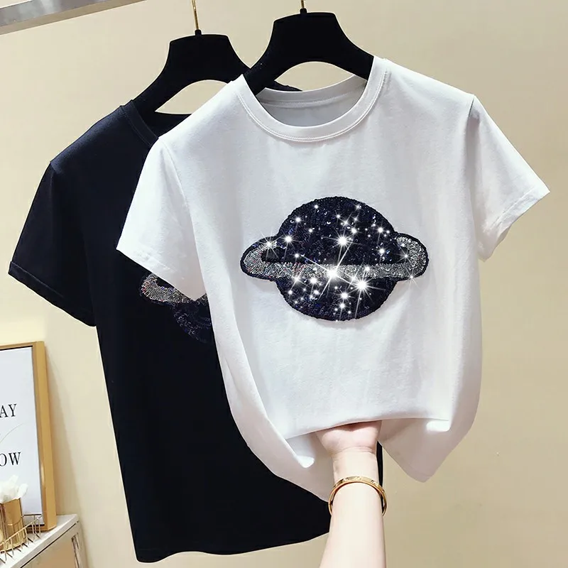 

Embroidered Sequins Cotton Short Sleeve T-shirt Female Planet Casual Loose Tops Black White Tshirt O Neck Fashion Korean Shirt