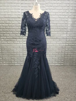 

Custom Made Mermaid Navy Blue Mother Of The Bride Dresses 2019 Half Sleeve Lace Applique Tulle Elegant Plus Size Prom Gowns