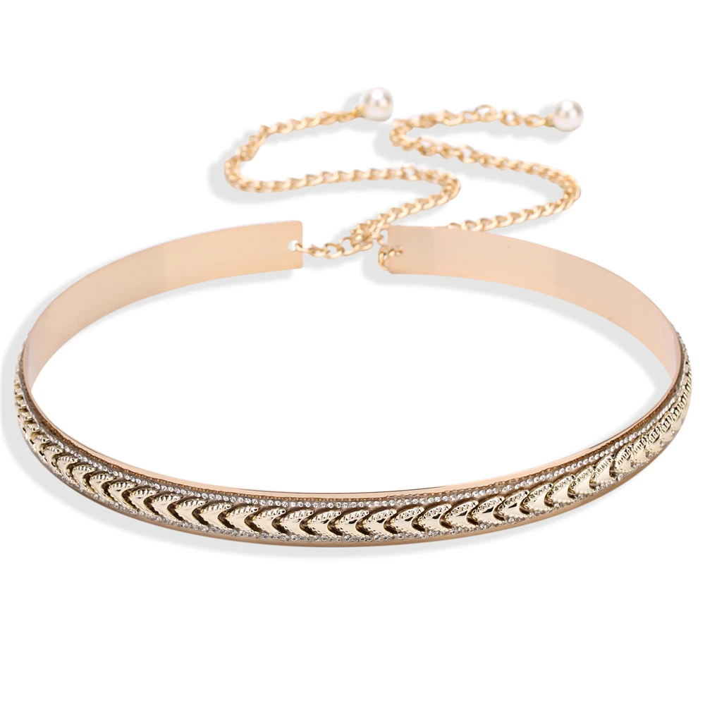 

LIAOMIUFUWomen Metal Rhinstones Belt Waist Belt Metallic Gold Plate Wide Obi Band With Chains Lady Punk Wedding Belt